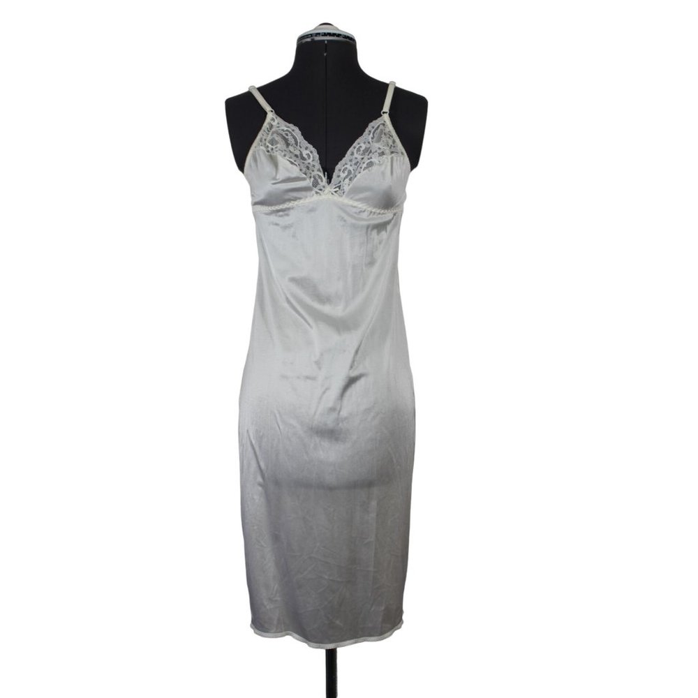 Lace front v-neck spaghetti strap women's vintage full slip‎ dress nightgown XS